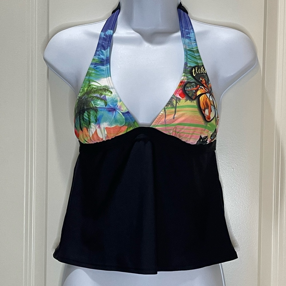 OP Black Halterkini Top Hawaiian Aloha Design Size Medium NWT